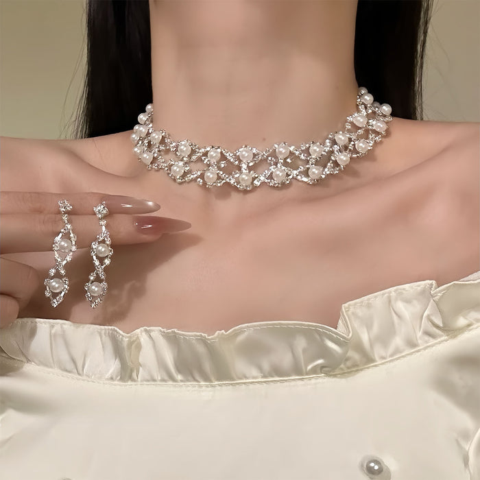 Rhinestone Accented Faux Pearl Necklace And Stud Earrings Jewelry Set Elegant Light Luxury Court Style