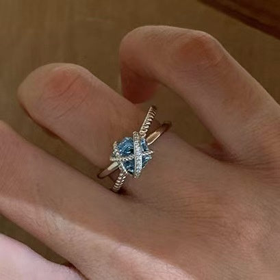 Korean Light Luxury Copper Zircon Cross Open Ring Geometric Elegant Index Finger Jewelry