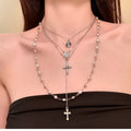Old Money Faux Pearl Cross Pendant Necklace For Women Geometric Light Luxury Collarbone Choker view 1