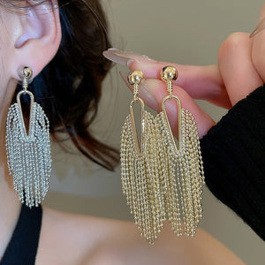 Chic French Retro Geometric Tassel Copper Drop Earrings With Silver Needle Posts For Women