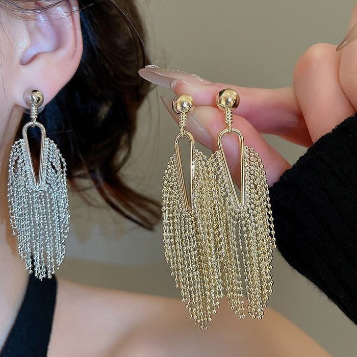 Chic French Retro Geometric Tassel Copper Drop Earrings With Silver Needle Posts For Women
