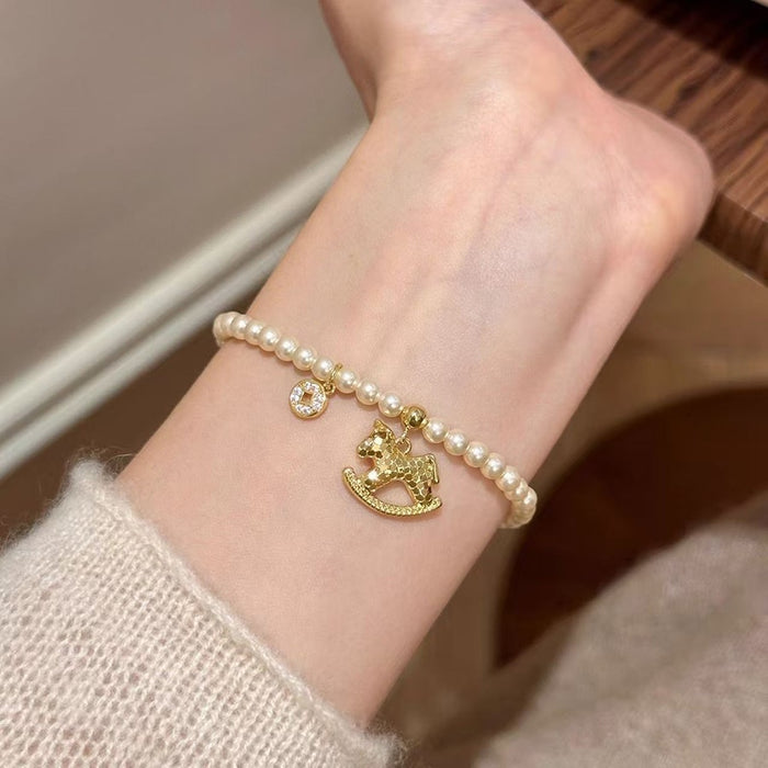 Faux Pearl Zircon Horse Coin Beaded Bracelet, Vintage Elegant Light Luxury Women's Jewelry
