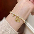 Faux Pearl Zircon Horse Coin Beaded Bracelet, Vintage Elegant Light Luxury Women's Jewelry view 3