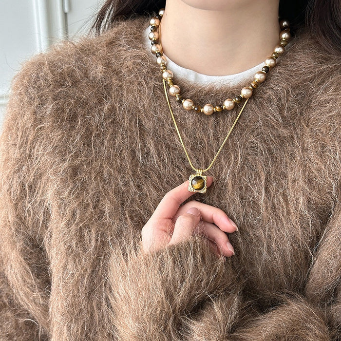 Light Luxury Faux Pearl Necklace With Tiger Eye Square Pendant Vintage Geometric Collarbone Chain