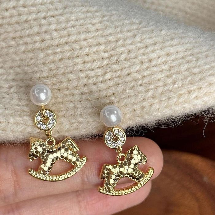 Light Luxury Copper Horse Pearl Stud Earrings For Women, New Chinese Minimalist Zodiac Jewelry