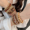Vintage Ethnic Faux Pearl Wood Bead Bracelet Jewelry Set With Round Geometric Charm view 1