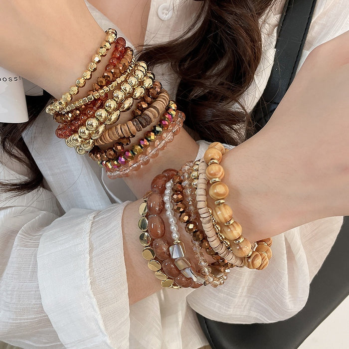 Vintage Ethnic Faux Pearl Wood Bead Bracelet Jewelry Set With Round Geometric Charm