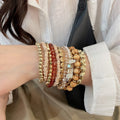 Vintage Ethnic Faux Pearl Wood Bead Bracelet Jewelry Set With Round Geometric Charm view 3