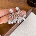 French Vintage Faux Pearl Tassel Drop Earrings With Silver Pin, Chic Geometric Elegant Office Jewelry view 4
