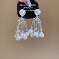 French Vintage Faux Pearl Tassel Drop Earrings With Silver Pin, Chic Geometric Elegant Office Jewelry view 2