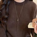 Vintage Light Luxury Copper Tiger Eye Heart Geometric Round Pendant Adjustable Sweater Necklace For Women view 3