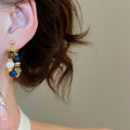 Vintage Tiger Eye Stone Beaded Waterdrop Pearl Stud Earrings With Silver Posts view 3