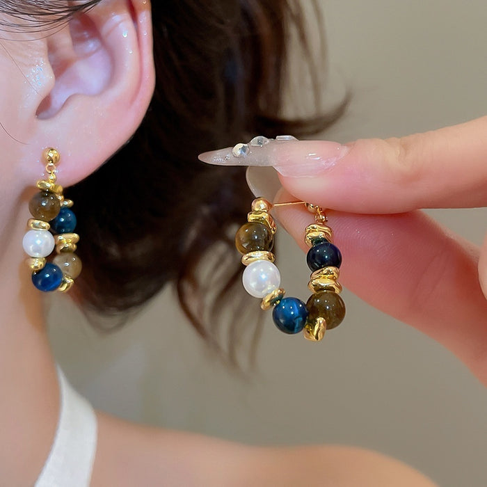 Vintage Tiger Eye Stone Beaded Waterdrop Pearl Stud Earrings With Silver Posts