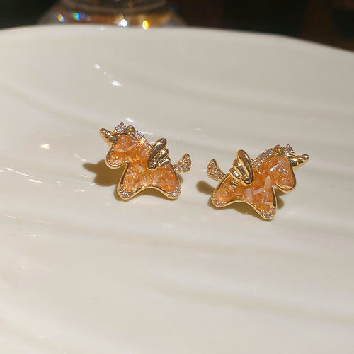18K Gold Plated Silver Post Synthetic Crystal Horse Stud Earrings Elegant Light Luxury Zodiac Jewelry