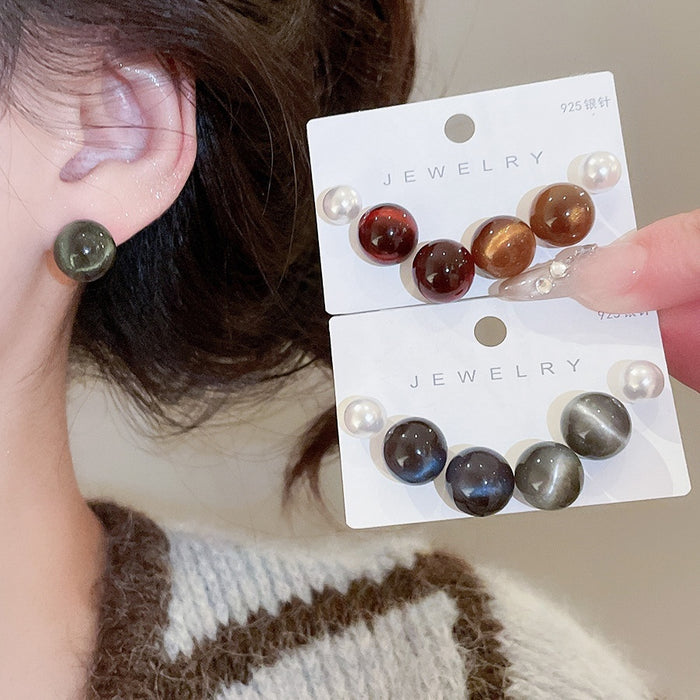Simple Modern Round Resin Pearl Stud Earrings Jewelry Set With Silver Needles For Women