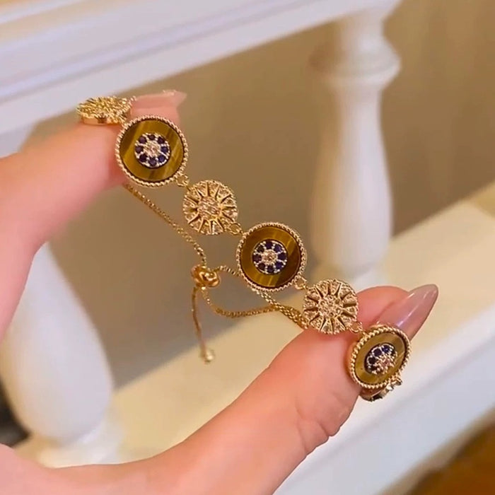 18K Gold Plated Tiger Eye Zircon Geometric Round Bangle Vintage Light Luxury Jewelry