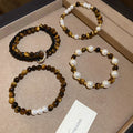 Vintage Tiger Eye Faux Pearl Beaded Bangle For Women Maillard Light Luxury Geometric Bracelet view 2