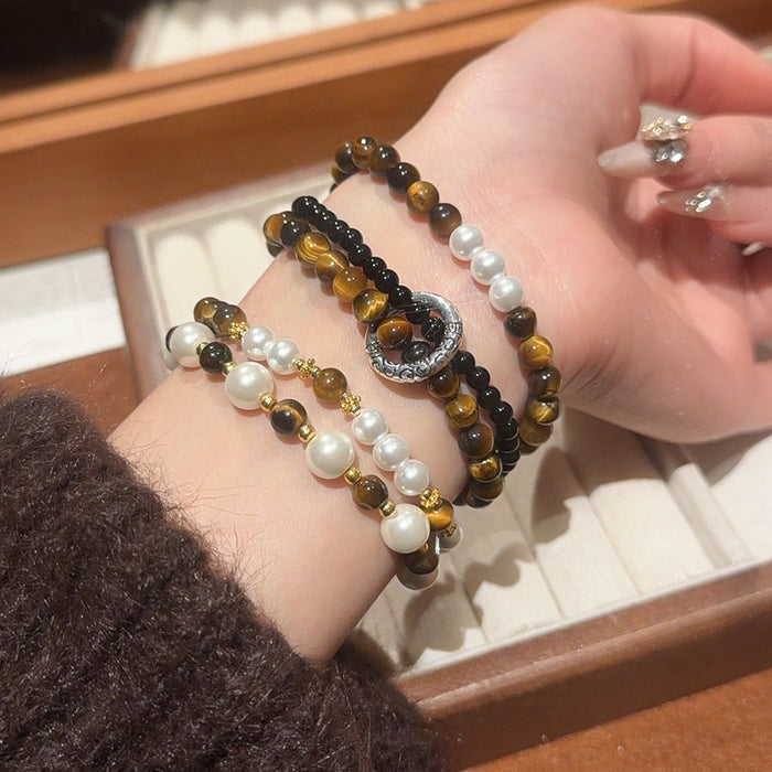 Vintage Tiger Eye Faux Pearl Beaded Bangle For Women Maillard Light Luxury Geometric Bracelet