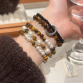 Vintage Tiger Eye Faux Pearl Beaded Bangle For Women Maillard Light Luxury Geometric Bracelet view 3
