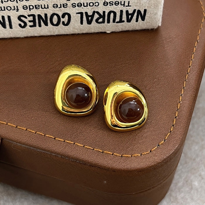 Tiger Eye Stone Irregular Geometric Stud Earrings Retro Maillard Style Elegant Minimalist Circle Design