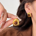 Tiger Eye Stone Irregular Geometric Stud Earrings Retro Maillard Style Elegant Minimalist Circle Design view 2