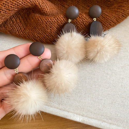 Plush Pom Pom Oval Wood Stud Earrings Sterling Silver Pin Vintage Minimalist Winter Jewelry