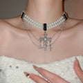 Light Luxury Faux Pearl Necklace With Rhinestone Cross Pendant Geometric Collarbone Choker view 1