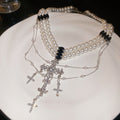 Light Luxury Faux Pearl Necklace With Rhinestone Cross Pendant Geometric Collarbone Choker view 2