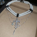 Light Luxury Faux Pearl Necklace With Rhinestone Cross Pendant Geometric Collarbone Choker view 4
