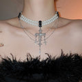 Light Luxury Faux Pearl Necklace With Rhinestone Cross Pendant Geometric Collarbone Choker view 3