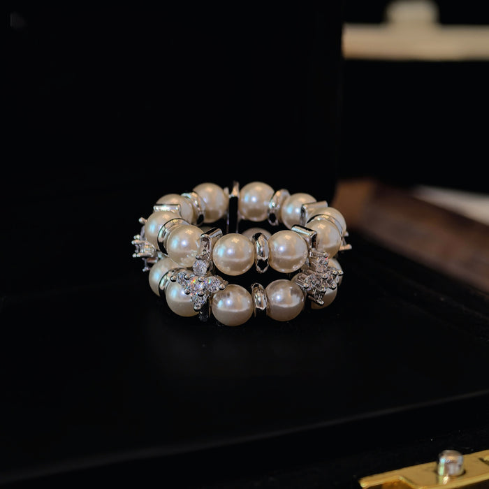 Light Luxury Faux Pearl Zircon Flower Double Layer Elastic Geometric Index Ring