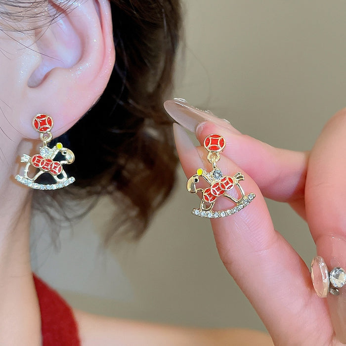 Light Luxury Copper Horse Drop Earrings With Rhinestone Enamel Animal Zodiac Design