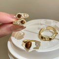 18K Gold Plated Zircon Tiger Eye Oval Open Ring Vintage Geometric Statement Jewelry view 1