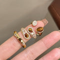 18K Gold Plated Zircon Tiger Eye Oval Open Ring Vintage Geometric Statement Jewelry view 4