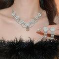 Copper Rhinestone Flower Teardrop Pearl Necklace Earrings Jewelry Set, Elegant Court Style view 4
