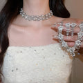 Copper Rhinestone Flower Teardrop Pearl Necklace Earrings Jewelry Set, Elegant Court Style view 2