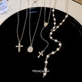 Y2K Light Luxury Faux Pearl Geometric Cross Choker Necklace Jewelry Set For Women view 2