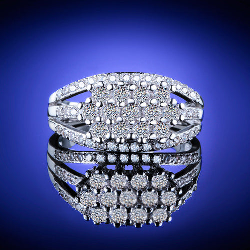 silver-tone wide three-row crystal ring shown from a side angle