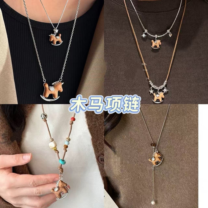 Light Luxury Vintage Wood Zodiac Horse Pendant Sweater Necklace In New Chinese Style