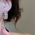 Copper Double Row Zircon Oval C-Shaped Hoop Earrings For Women Light Luxury Everyday Style view 4