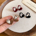 Silver Needle Rhinestone Flocked Heart Stud Earrings Vintage Light Luxury OL Daily Jewelry view 3
