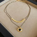 18K Gold Plated Tiger Eye Double Layer Round Geometric Pendant Necklace Vintage Maillard Style view 2