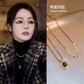 18K Gold Plated Tiger Eye Double Layer Round Geometric Pendant Necklace Vintage Maillard Style view 1