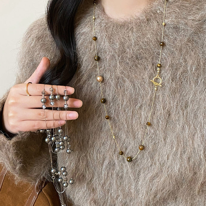Vintage Light Luxury Faux Pearl Tiger Eye Beaded Geometric Round Sweater Necklace For Women