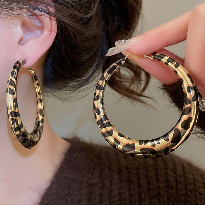 Vintage Leopard Print Iron Hoop Earrings With Silver Pins, Geometric Round Statement Style