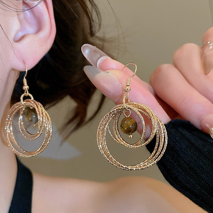 Vintage Iron Tiger Eye Stone Round Pendant Ear Hook Drop Earrings Light Luxury Geometric Jewelry