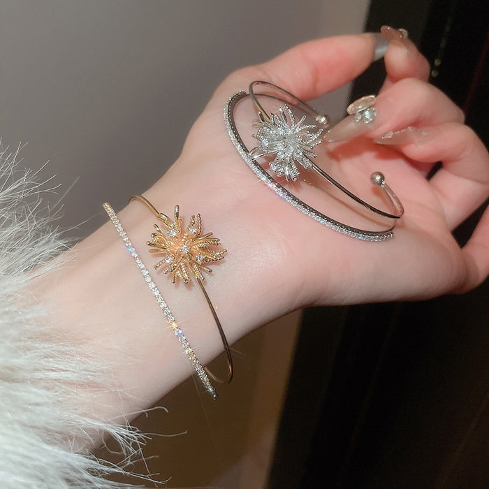Light Luxury Copper Zircon Firework Flower Double Layer Open Cuff Bangle