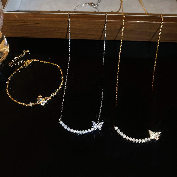 18K Gold Plated Copper Zircon Pearl Butterfly Necklace Bracelet Jewelry Set
