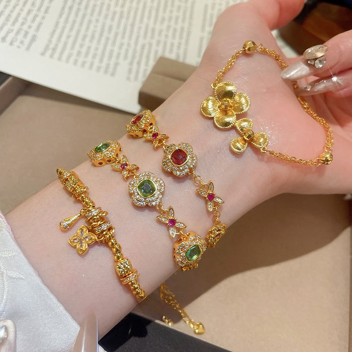 24K Gold Plated Copper Beaded Flower Bracelet French Vintage Light Luxury Jewelry For Women