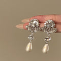 French Vintage Teardrop Faux Pearl Flower Rhinestone Stud Earrings For Women view 2